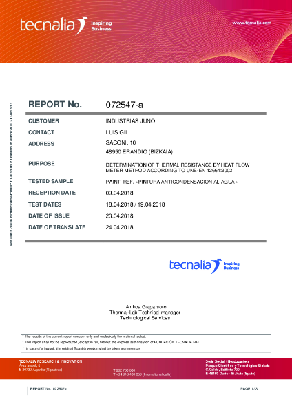Determination Of Thermal Resistance Juno Anti-Condensation Paint