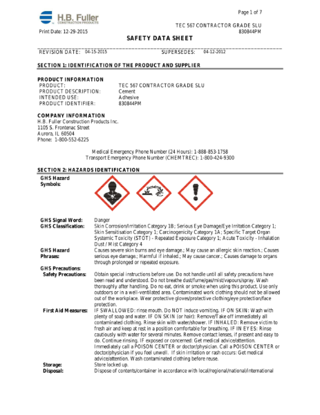 Contractor Grade Self Leveling Underlayment Safety Data Sheet