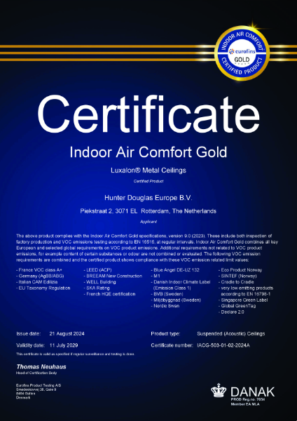 Eurofins Indoor Air Comfort Gold Certificate