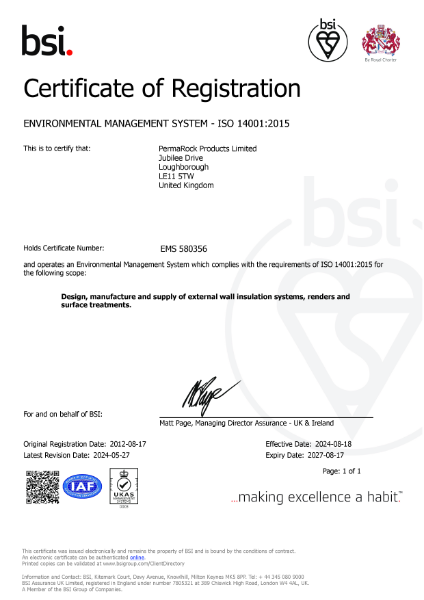 Permarock BSI ISO 14001 Environmental Management Certificate