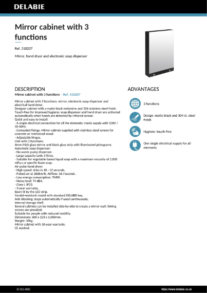 Mirror cabinet with 3 functions Product Data Sheet - Ref. 510207