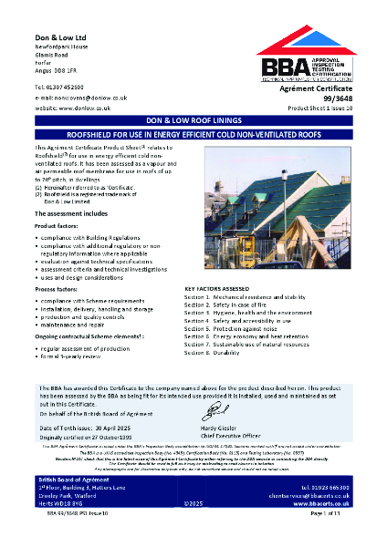 Roofshield BBA Certificate Cold Non-Ventilated Roofs 99-3648 Issue 10