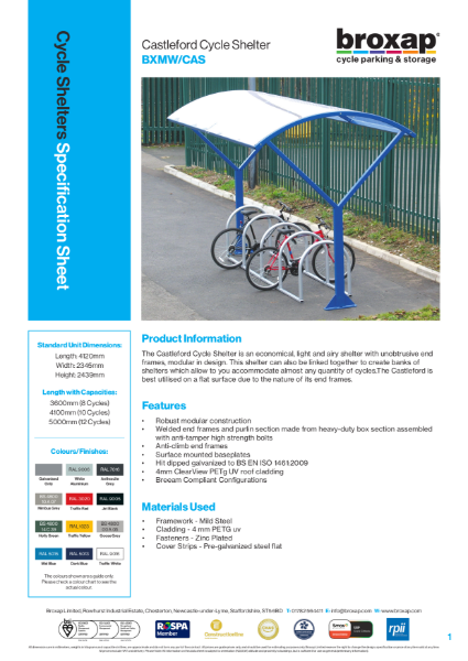Castleford Cycle Shelter Specification Sheet