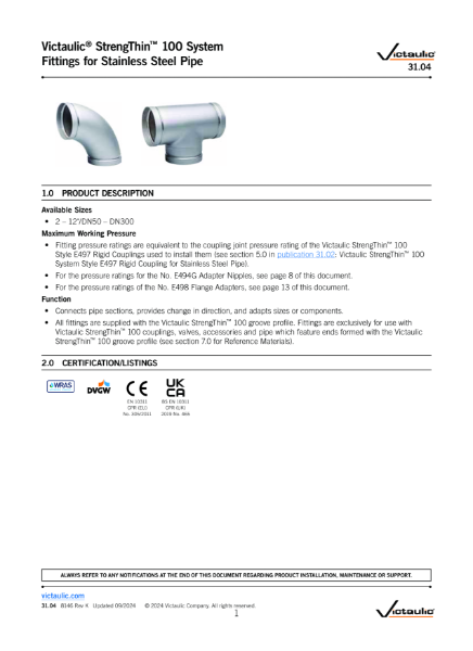 Victaulic® StrengThin™ 100 System Fittings for Stainless Steel Pipe