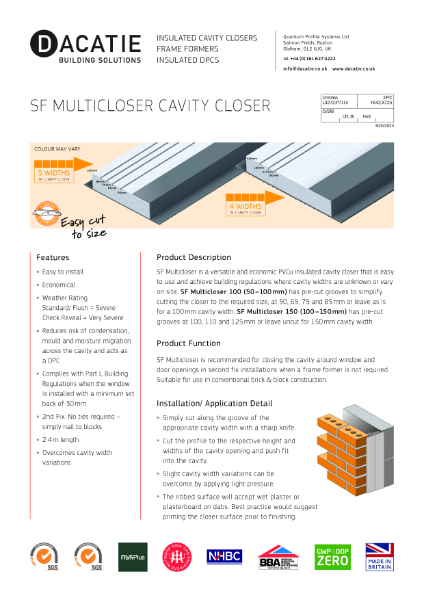 Dacatie SF Multiclosers - cavity closers - 50 to 100mm cavities - Datasheet