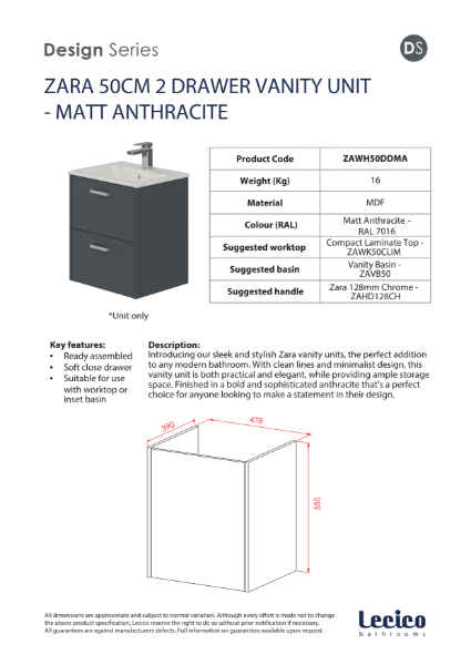 Zara 50 cm 2 Drawer Wall Hung Vanity Unit - Matt Anthracite