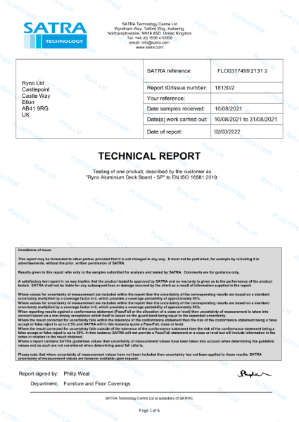 Durability - Furniture Leg Test Report EN ISO 16581 - Ryno Aluminium Decking System