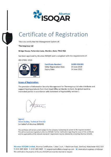 ISO 27001 Certificate - ThermoSphere