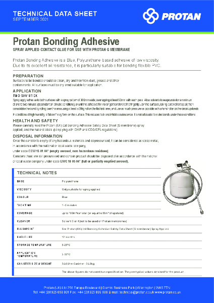 Protan (UK) Ltd Bonding Adhesive Technical Data Sheet, Spray Applied