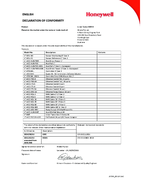 XTRALIS Li-Ion Tamer Gen3, Lithium off Gas Detection Declaration of Conformity