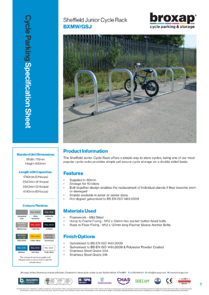 Sheffield Junior Cycle Rack Specification Sheet
