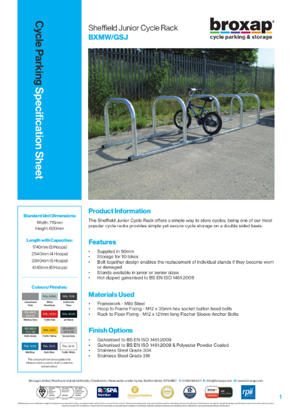 Sheffield Junior Cycle Rack Specification Sheet