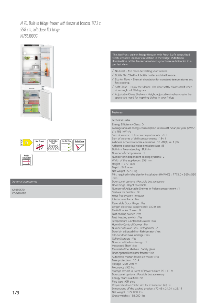 N 70, Built-in fridge-freezer with freezer at bottom, 177.2 x
55.8 cm, soft close flat hinge
KI7863DD0G