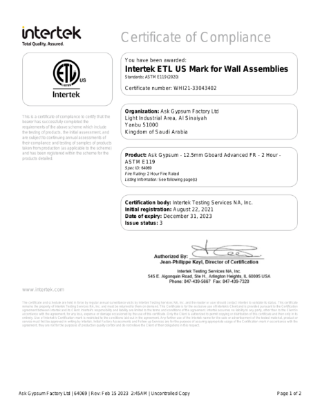 Fire Resistance - ASTM E119 (2Hr - Adv FR 2x12.5 SF)