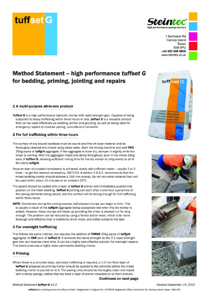 Method Statement - tuffset G specialist multi-purpose mortar for bedding, priming jointing and repairs