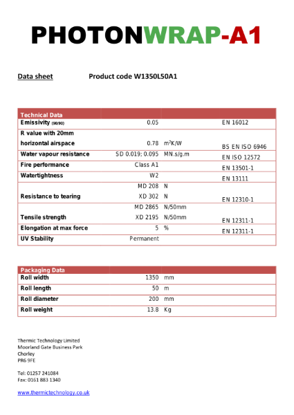 PhotonWrap-A1 (non-combustible) Technical Datasheet