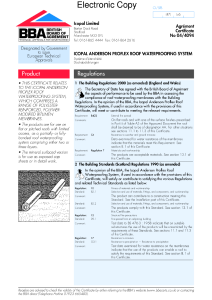 04/4094 Icopal Anderson Proflex roof waterproofing system