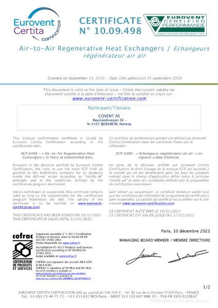 Eurovent Certita (Rotary Heat Exchangers - RHE)