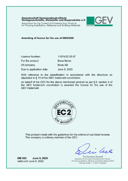 Bona Novia - EC1 Plus - Emicode, GEV license/ certificate