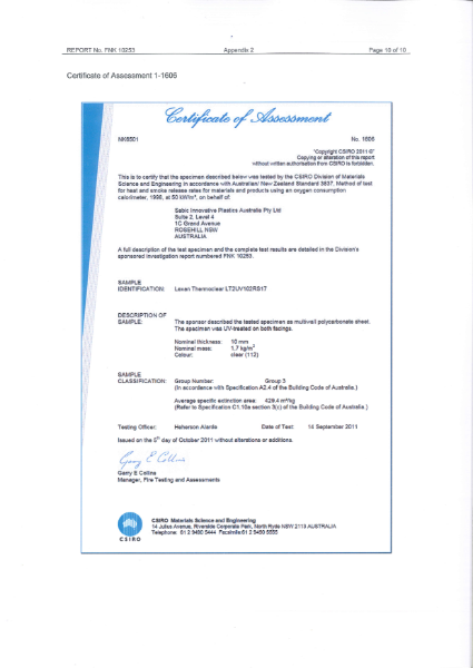 AS/NZS 3837 Certificate of Assessment for Lexan Thermoclear LT2UV102RS17