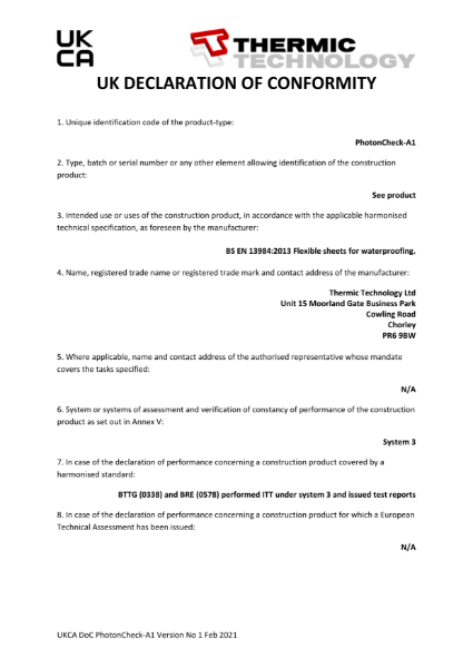 PhotonCheck-A1 (non-combustible) UKCA DoC