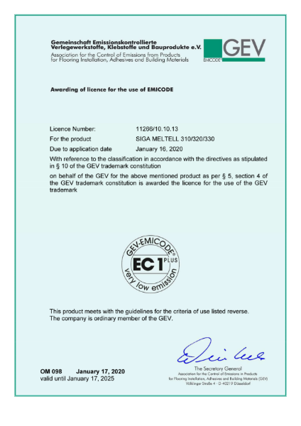 EMICODE certificate SIGA Meltell 310/320/330