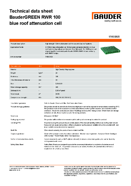 BauderGREEN RWR 100 blue roof attenuation cell - Technical data sheet