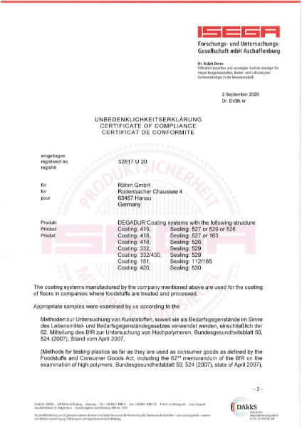 Certificate of Conformance for coating of floors in companies where foodstuffs are treated and processed