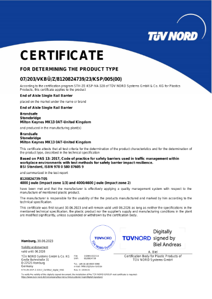 End of Aisle Barrier (Single) - PAS 13 Test Certificate - TÜV NORD