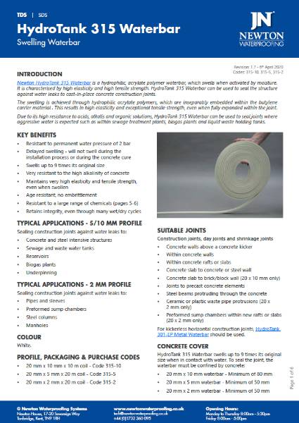 Newton HydroTank 315 Waterbar Technical Data Sheet