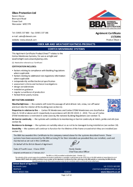 OBEX CORTEX Water & Airtight Sealing Systems BBA Agrément Certificate