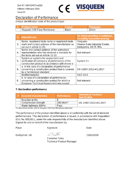 Tanking CE Visqueen V20 Floor Membrane Declaration of Performance