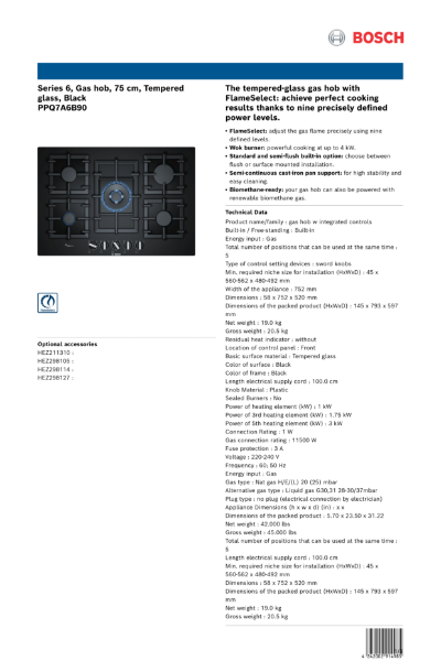 Series 6, Gas hob, 75 cm, Tempered glass, Black PPQ7A6B90