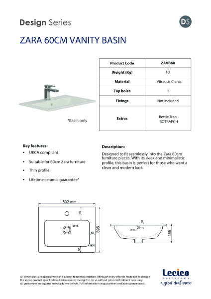 ZARA 60CM VANITY BASIN