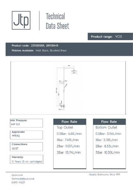 VOS Thermostatic Bar Valve With 2 Outlets, Adjustable Riser and Multifunction Shower Handle – Product Data Sheet