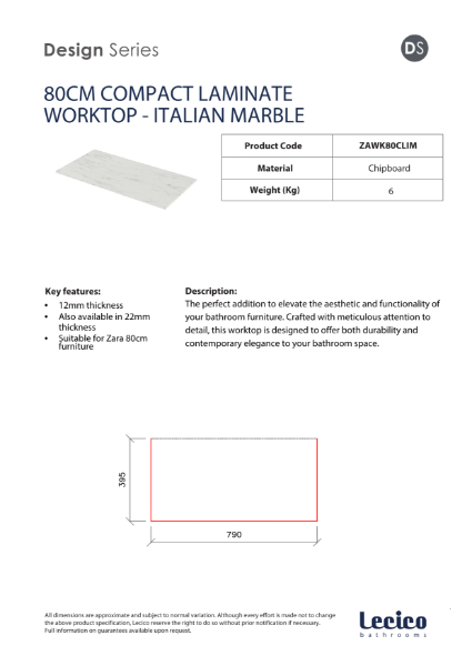 Zara 80 cm Width 12 mm Compact Laminate Worktop - Italian Marble