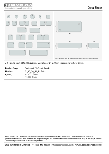 GEC Anderson Data Sheet - G104 (200) Single Bowl
