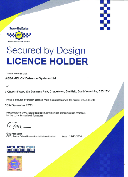 Secured by Design Certificate - Overhead Sectional Doors