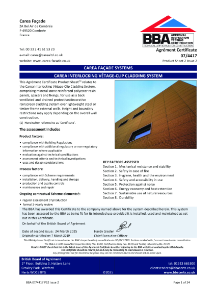 BBA Carea Interlocking vêtage-clip cladding system certificate 07/4417 Product Sheet 2 Issue 2