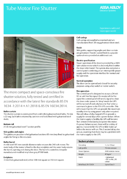 ASSA ABLOY Tube Motor Fire Shutter Product Leaflet