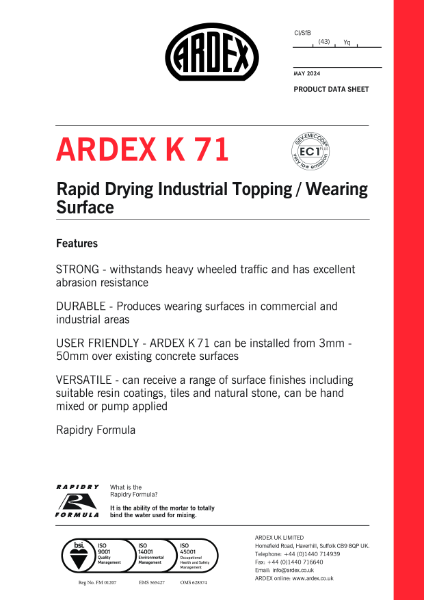 ARDEX K 71 Rapid Drying Industrial Topping and Wearing Surface Data Sheet