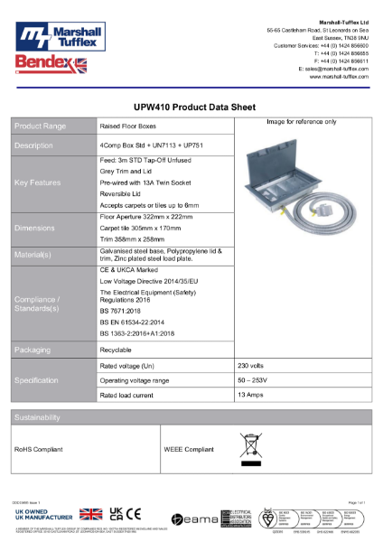 UPW410 Raised Floor Box Product Data Sheet