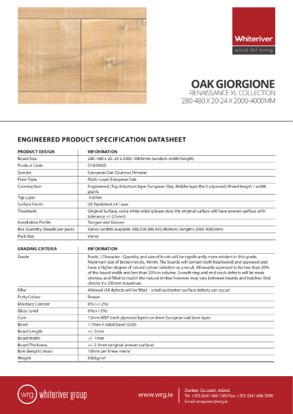 280-480 x 20-24 x 2000-4000mm Renaissance Oak Giorgione XL Plank Spec Sheet