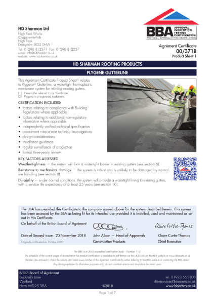 Plygene Gutterline system BBA approval certificate