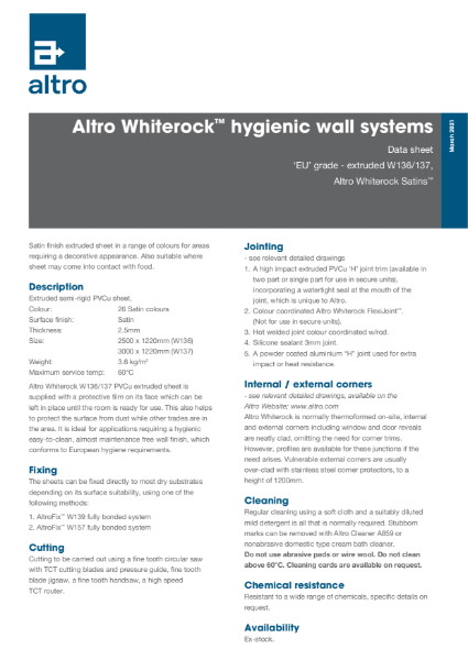Altro Whiterock Satins Technical Data Sheet