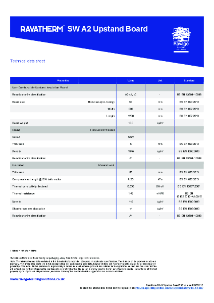 Ravatherm SW A2 Upstand Board Technical Data Sheet