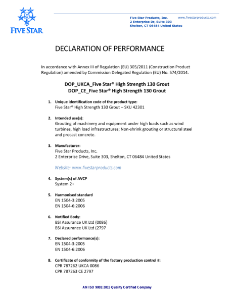 DECLARATION OF PERFORMANCE HIGH STRENGTH 130 GROUT