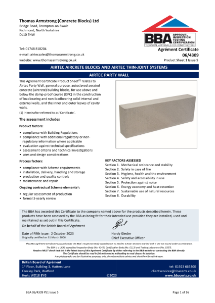 Airtec Party Wall Block - BBA Certificate