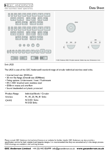 GEC Anderson Data Sheet - Sink Bowl: LR25