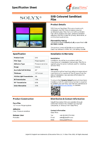 SXB Coloured Sandblast Specification Sheet